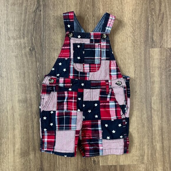 Gymboree Madras Shortalls & Plaid Button Down Shirt American Patriotic Sz 12-18 - Picture 2 of 12